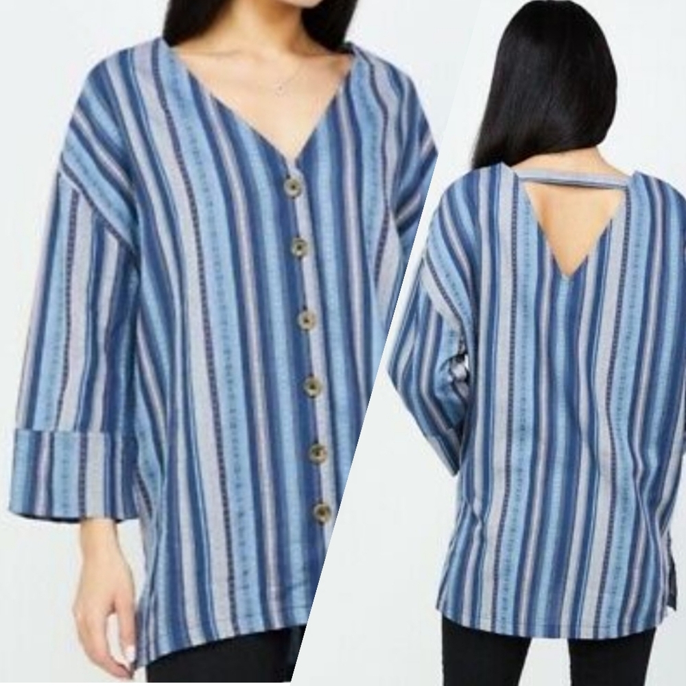 Anthropologie RD+Koko Blue Striped 3/4 Sleeve V Neck Blouse‎ Top Size M